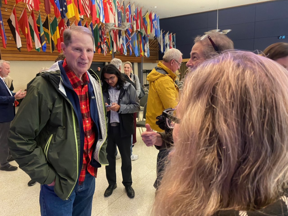 Ron Wyden having a conversation at a town hall