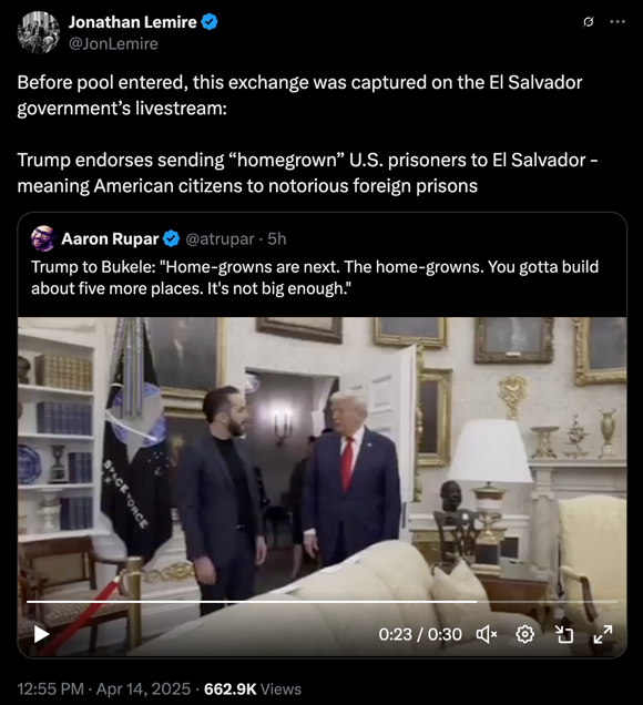 Before the pool entered, this exchange was captured on the El Salvador government's livestream: Trump endorses sending
