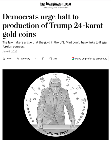 The Washington Post: Democrats urge halt to production of Trump 24-karat gold coins